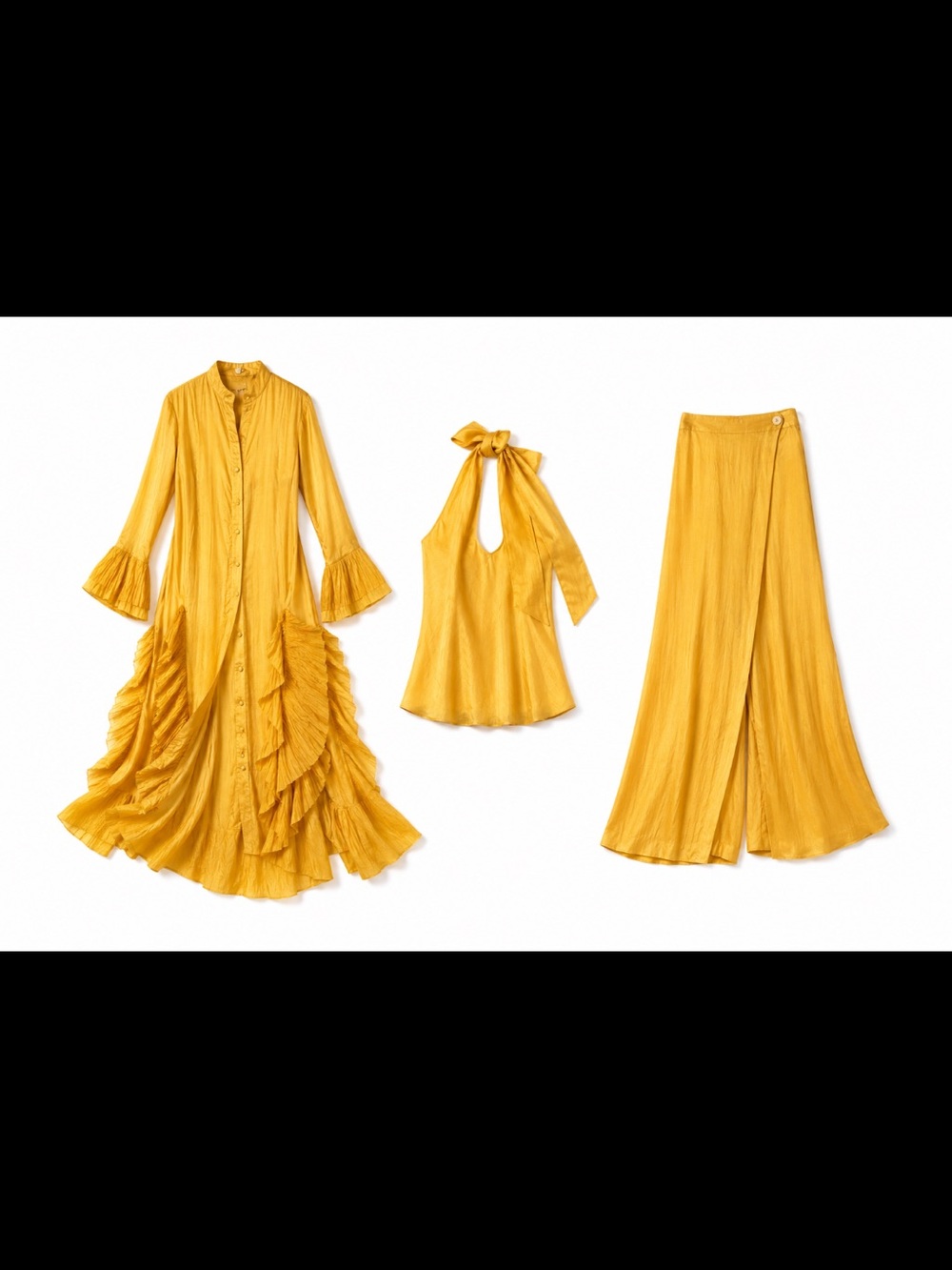 100 % silk 3 pc ruffle Sabina Bach Palm Desert CA dress bell sleeve tank pants